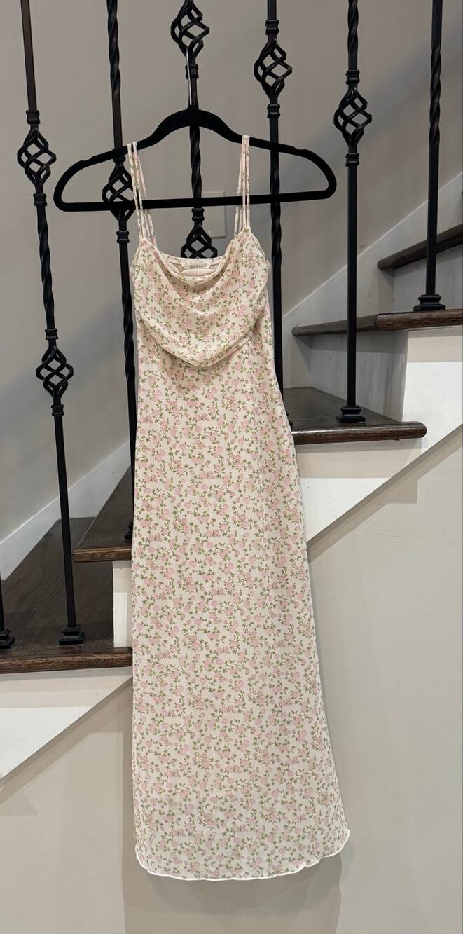 See you Monday light pink floral mesh midi dress